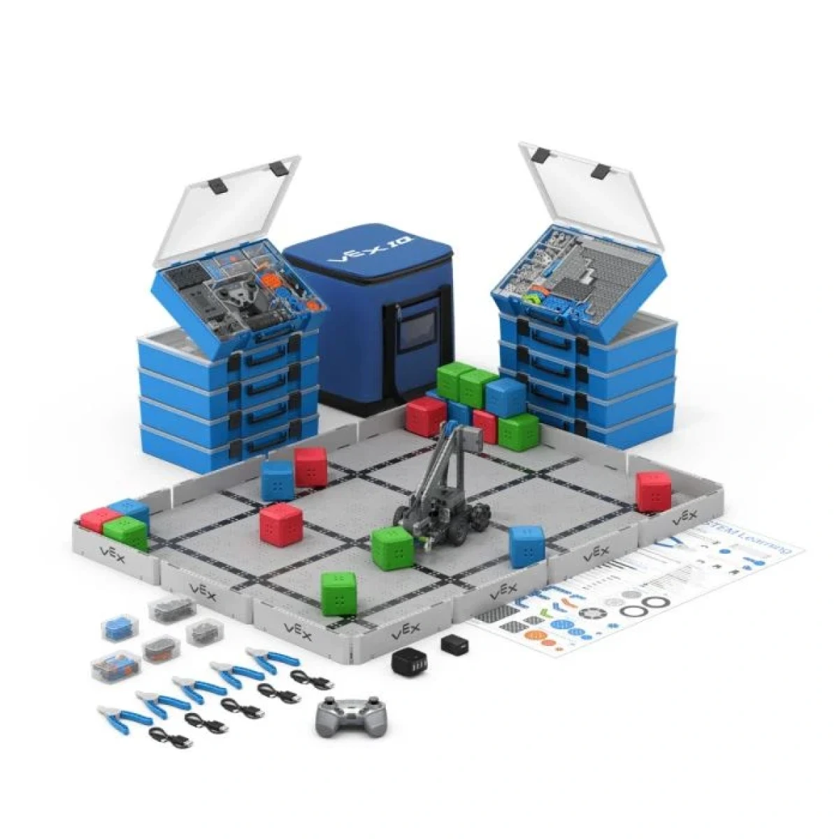VEX IQ roboti z barvnimi moduli in sestavnimi deli na beli podlagi
