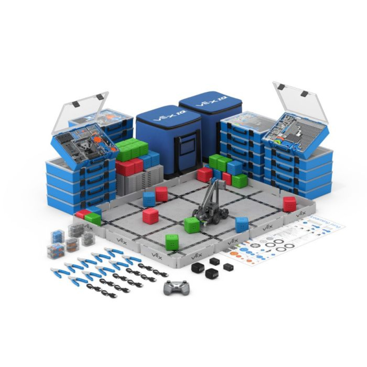 VEX IQ robotika kompleti za učence z različnimi komponentami in gradniki.